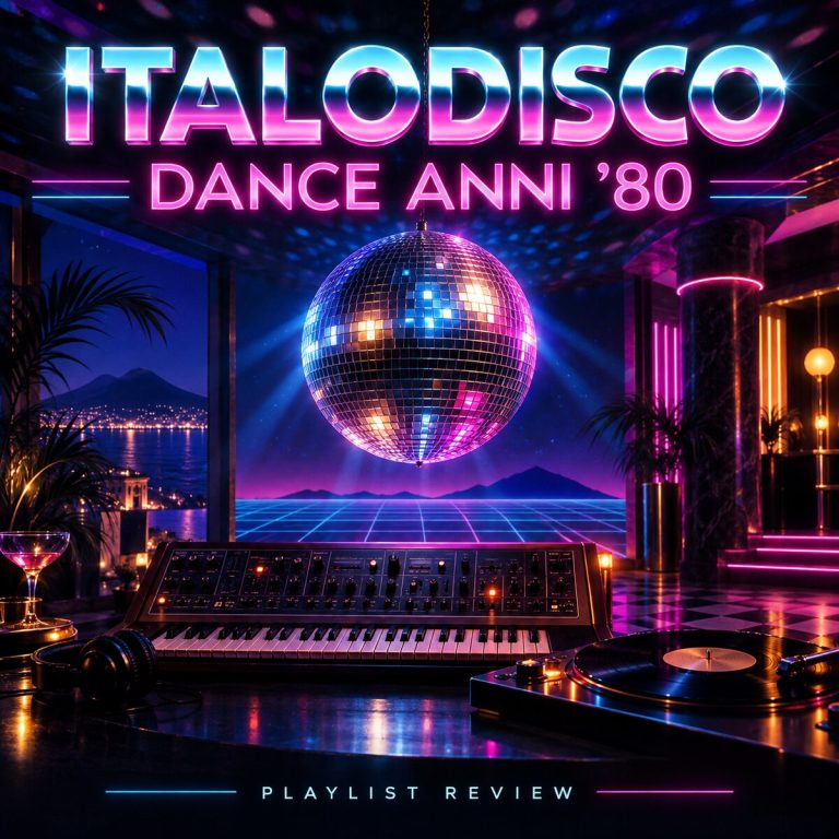 ItaloDisco – Dance anni ’80: copertina con sfera disco, sintetizzatore e giradischi