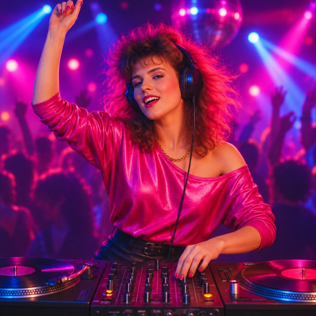 DJ energica alla console con luci neon in stile Italo Disco anni ’80